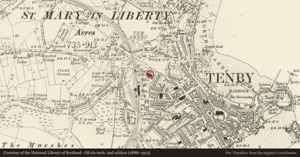 Ordnance Survey six-inch map, 2nd edition (1888–1913) covering the location of Greenhill, Tenby, Pembrokeshire, with a pin at the register's coordinates