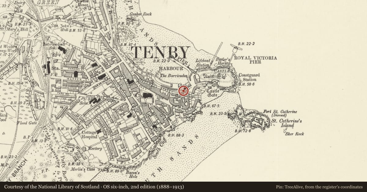 Ordnance Survey six-inch map, 2nd edition (1888–1913) covering the location of Nos 1-16 Archway Stores, Tenby, Pembrokeshire, with a pin at the register's coordinates