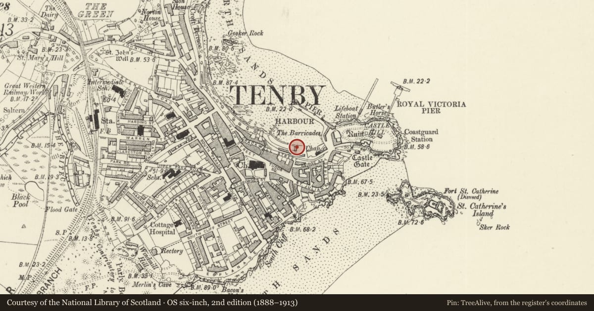 Ordnance Survey six-inch map, 2nd edition (1888–1913) covering the location of Sleeman's Stores, Tenby, Pembrokeshire, with a pin at the register's coordinates