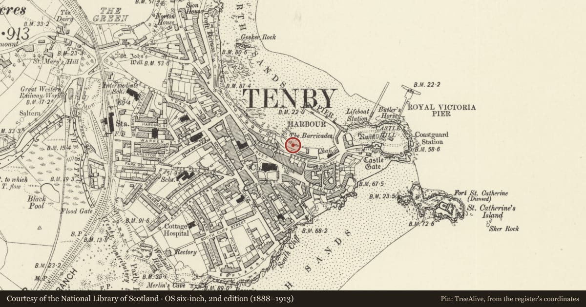 Ordnance Survey six-inch map, 2nd edition (1888–1913) covering the location of The Sluice including The Hard and The Mayor's Slip, Tenby, Pembrokeshire, with a pin at the register's coordinates