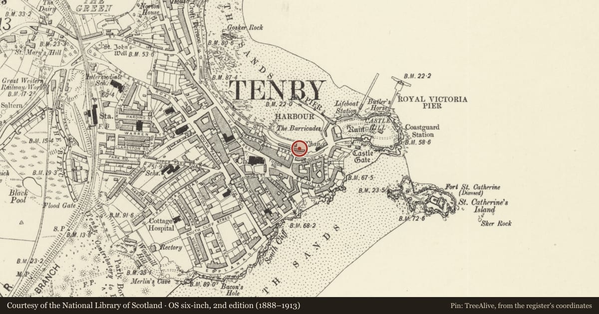 Ordnance Survey six-inch map, 2nd edition (1888–1913) covering the location of Nos 1-4 The Stores, Tenby, Pembrokeshire, with a pin at the register's coordinates