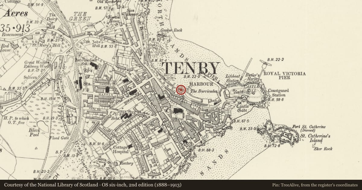 Ordnance Survey six-inch map, 2nd edition (1888–1913) covering the location of Castellated structure to NW of The Sluice, Tenby, Pembrokeshire, with a pin at the register's coordinates