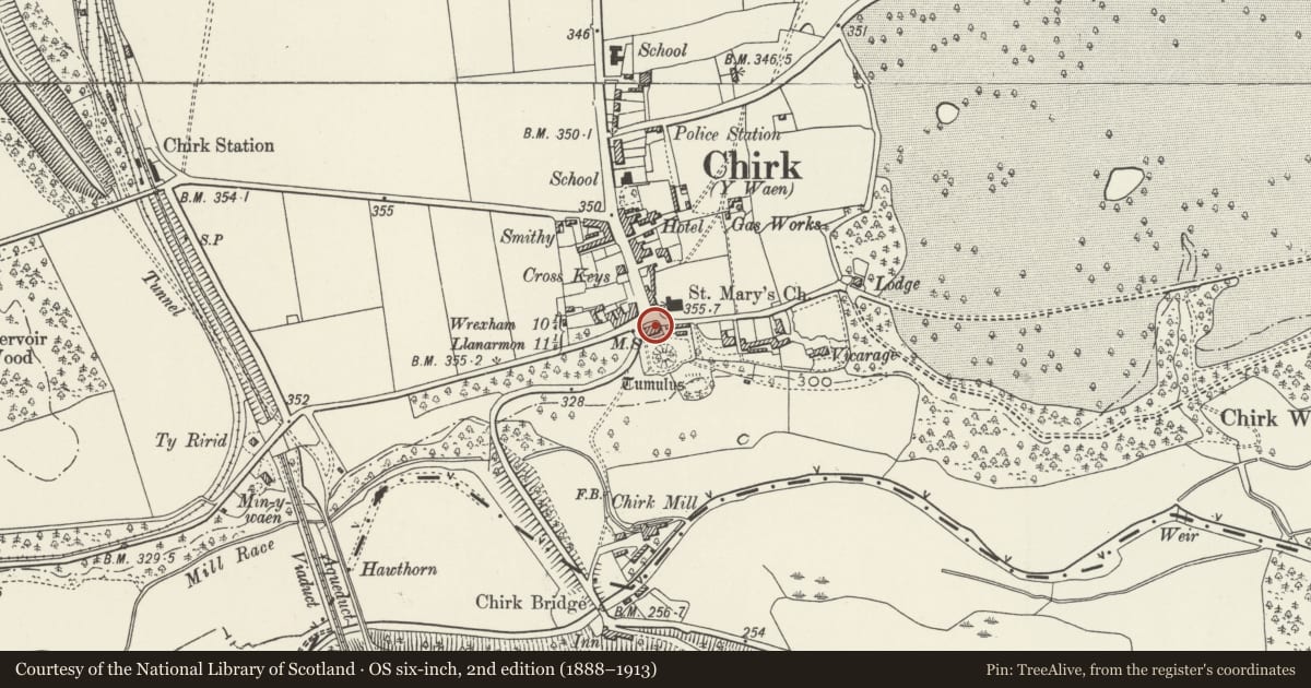 Ordnance Survey six-inch map, 2nd edition (1888–1913) covering the location of The Mount, with front garden railings and gate, Chirk, Wrexham, with a pin at the register's coordinates
