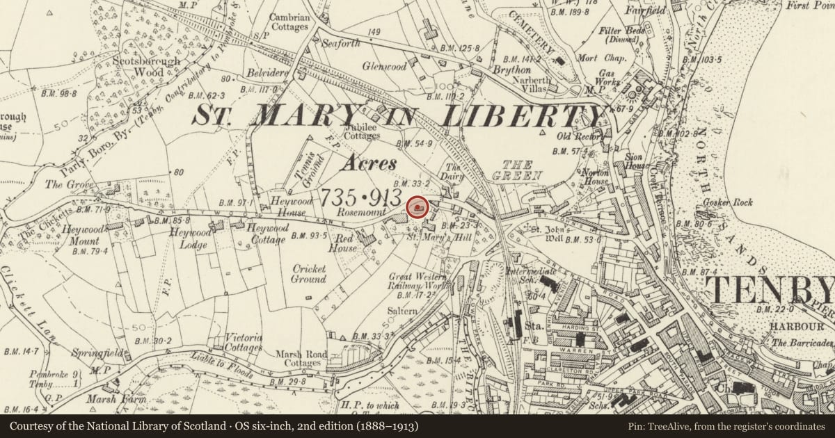 Ordnance Survey six-inch map, 2nd edition (1888–1913) covering the location of The Gables, Tenby, Pembrokeshire, with a pin at the register's coordinates