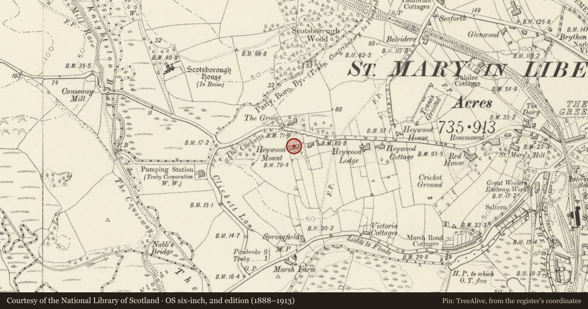 Ordnance Survey six-inch map, 2nd edition (1888–1913) covering the location of Heywood Mount, Tenby, Pembrokeshire, with a pin at the register's coordinates