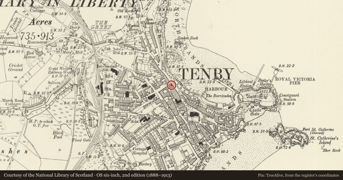 Ordnance Survey six-inch map, 2nd edition (1888–1913) covering the location of The Royal Lion Hotel, Tenby, Pembrokeshire, with a pin at the register's coordinates