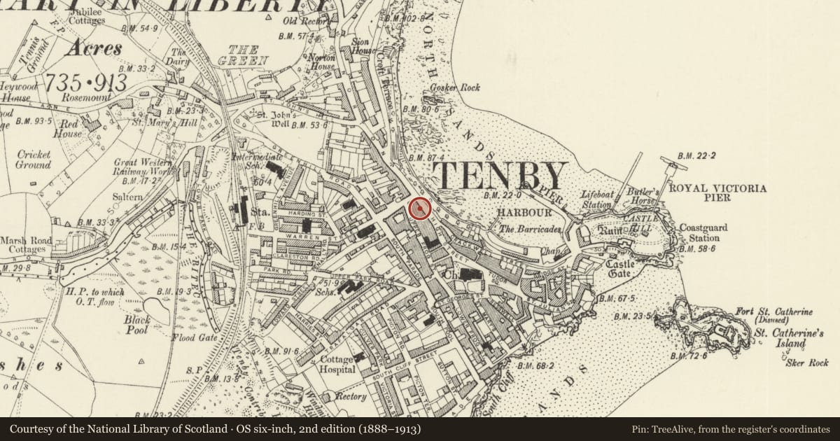 Ordnance Survey six-inch map, 2nd edition (1888–1913) covering the location of The Prize House, Tenby, Pembrokeshire, with a pin at the register's coordinates