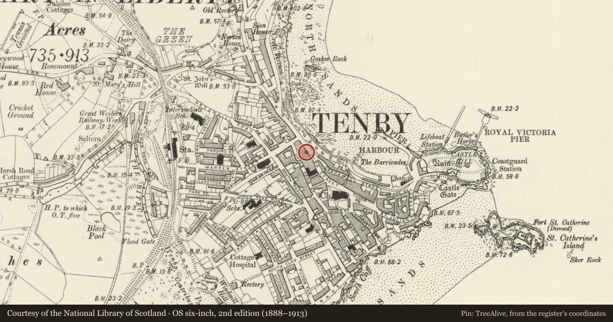 Ordnance Survey six-inch map, 2nd edition (1888–1913) covering the location of 5 High Street, Tenby, Pembrokeshire, with a pin at the register's coordinates
