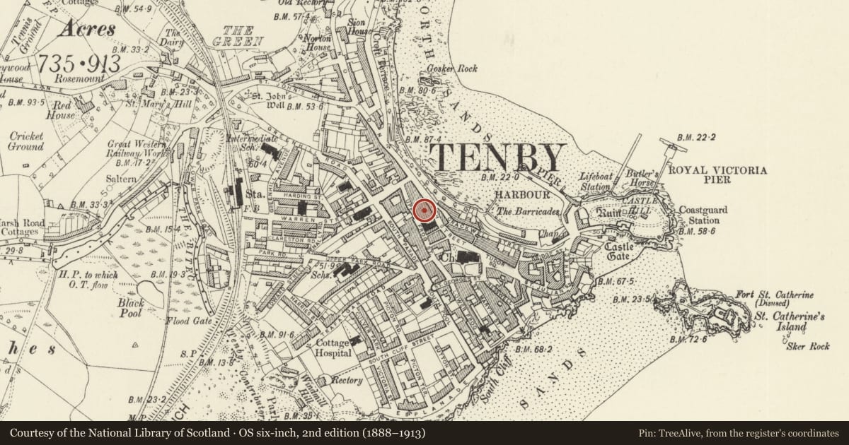 Ordnance Survey six-inch map, 2nd edition (1888–1913) covering the location of Ashley Court, Tenby, Pembrokeshire, with a pin at the register's coordinates