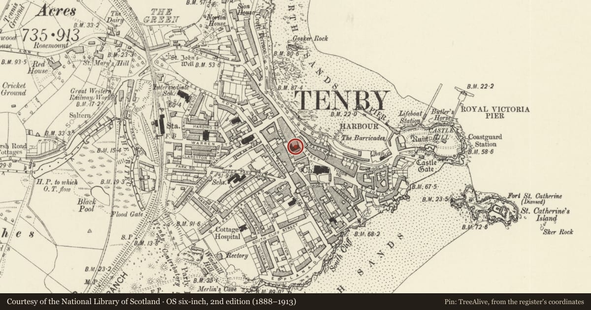 Ordnance Survey six-inch map, 2nd edition (1888–1913) covering the location of The Old Town Hall and Market Hall, Tenby, Pembrokeshire, with a pin at the register's coordinates