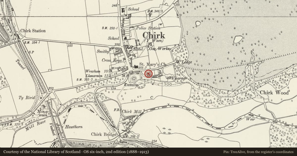 Ordnance Survey six-inch map, 2nd edition (1888–1913) covering the location of Trevor House, Chirk, Wrexham, with a pin at the register's coordinates
