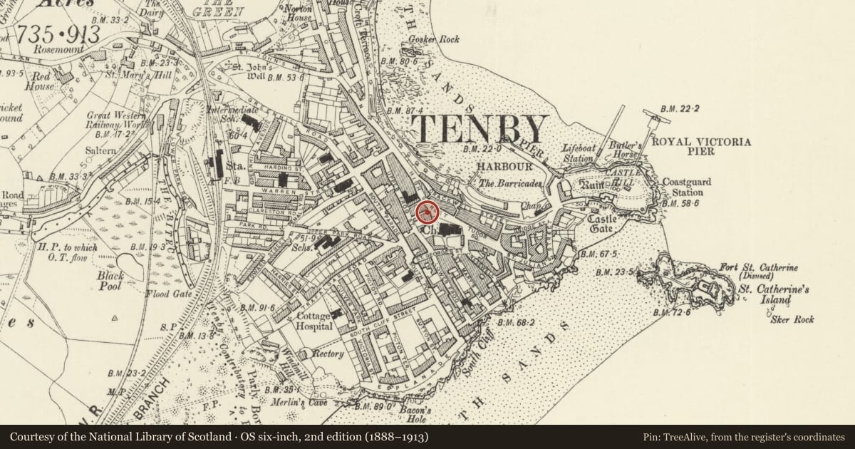 Ordnance Survey six-inch map, 2nd edition (1888–1913) covering the location of 16 High Street, Tenby, Pembrokeshire, with a pin at the register's coordinates