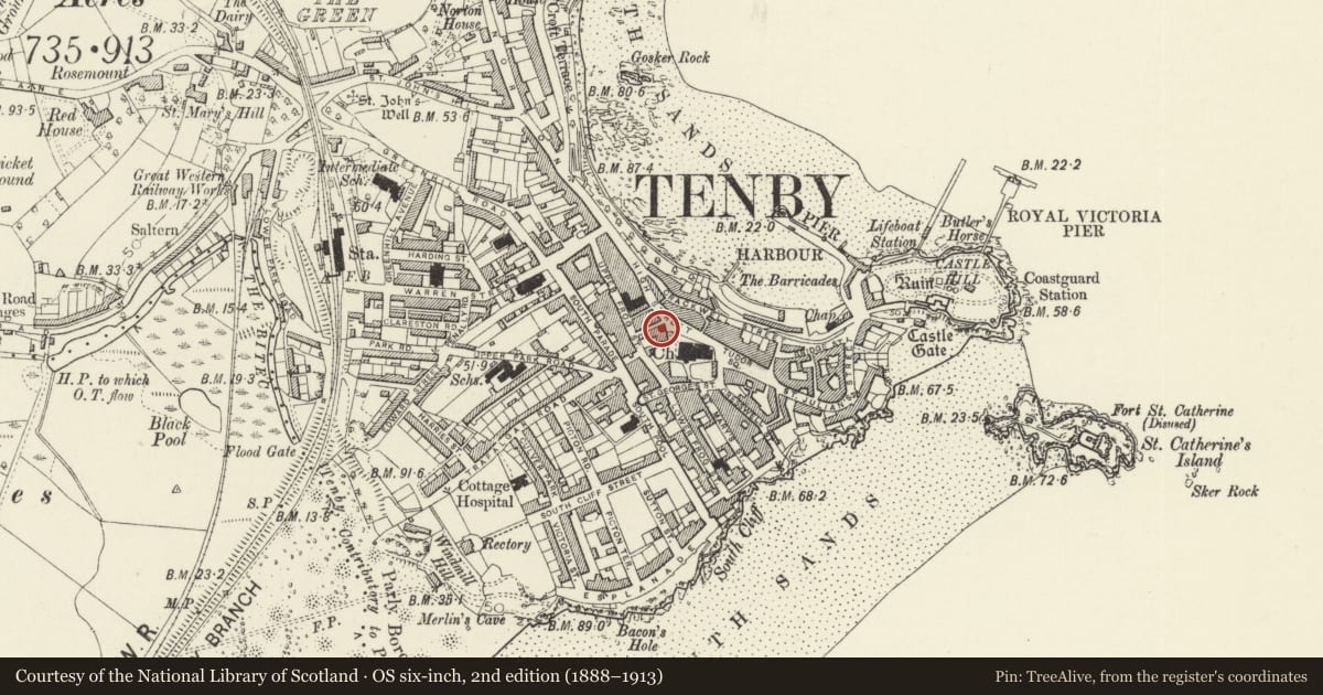Ordnance Survey six-inch map, 2nd edition (1888–1913) covering the location of 17 High Street, Tenby, Pembrokeshire, with a pin at the register's coordinates