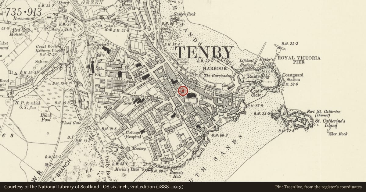 Ordnance Survey six-inch map, 2nd edition (1888–1913) covering the location of Barclays Bank, Tenby, Pembrokeshire, with a pin at the register's coordinates
