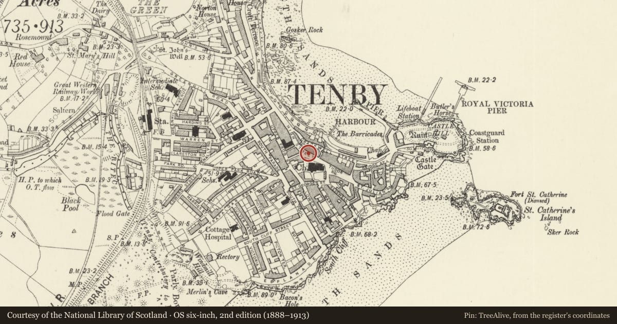 Ordnance Survey six-inch map, 2nd edition (1888–1913) covering the location of Cellar under roadway, reached from Jasperley House, Tenby, Pembrokeshire, with a pin at the register's coordinates