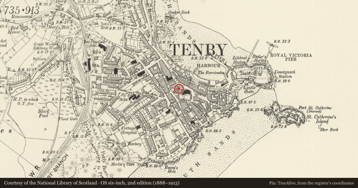 Ordnance Survey six-inch map, 2nd edition (1888–1913) covering the location of Medieval structure in the churchyard, Tenby, Pembrokeshire, with a pin at the register's coordinates