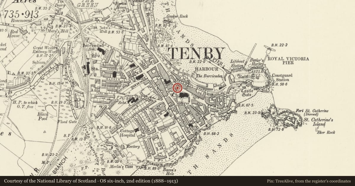 Ordnance Survey six-inch map, 2nd edition (1888–1913) covering the location of Churchyard gates, piers and railings, Tenby, Pembrokeshire, with a pin at the register's coordinates