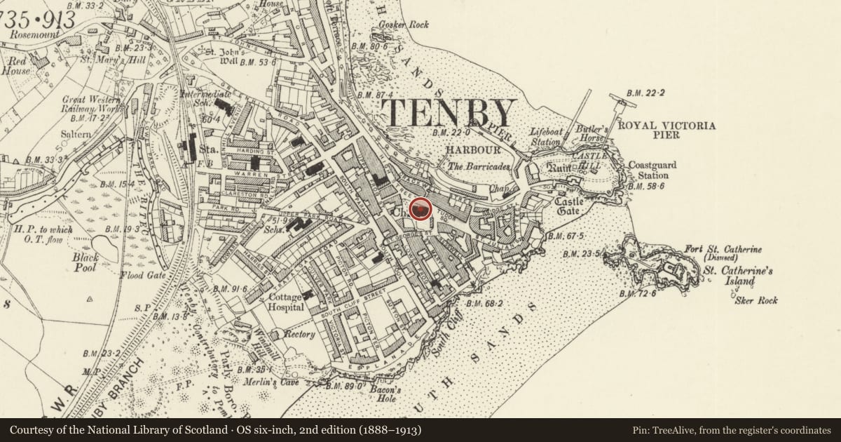 Ordnance Survey six-inch map, 2nd edition (1888–1913) covering the location of Church of Saint Mary in Liberty, Tenby, Pembrokeshire, with a pin at the register's coordinates