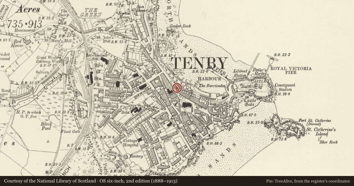 Ordnance Survey six-inch map, 2nd edition (1888–1913) covering the location of Waterloo House, Tenby, Pembrokeshire, with a pin at the register's coordinates
