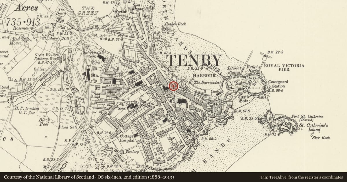 Ordnance Survey six-inch map, 2nd edition (1888–1913) covering the location of The former Sun Public House, Tenby, Pembrokeshire, with a pin at the register's coordinates