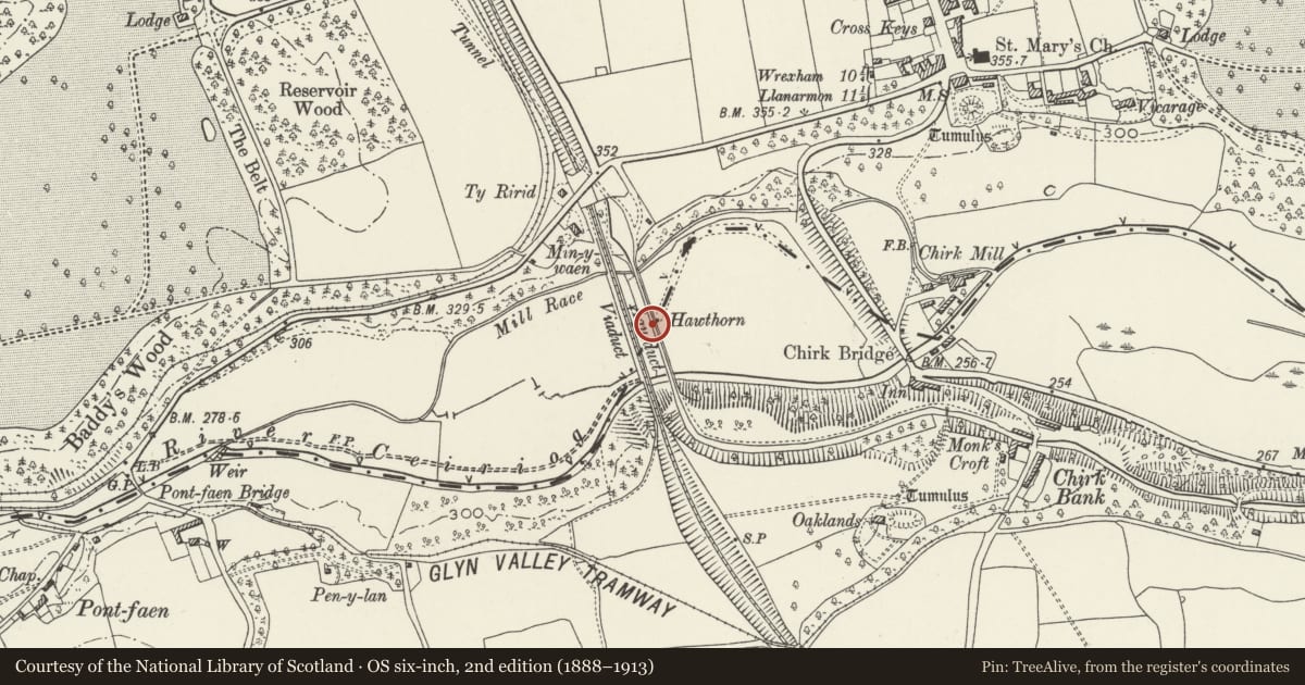 Ordnance Survey six-inch map, 2nd edition (1888–1913) covering the location of Chirk Aqueduct (continued into England), Wrexham, with a pin at the register's coordinates