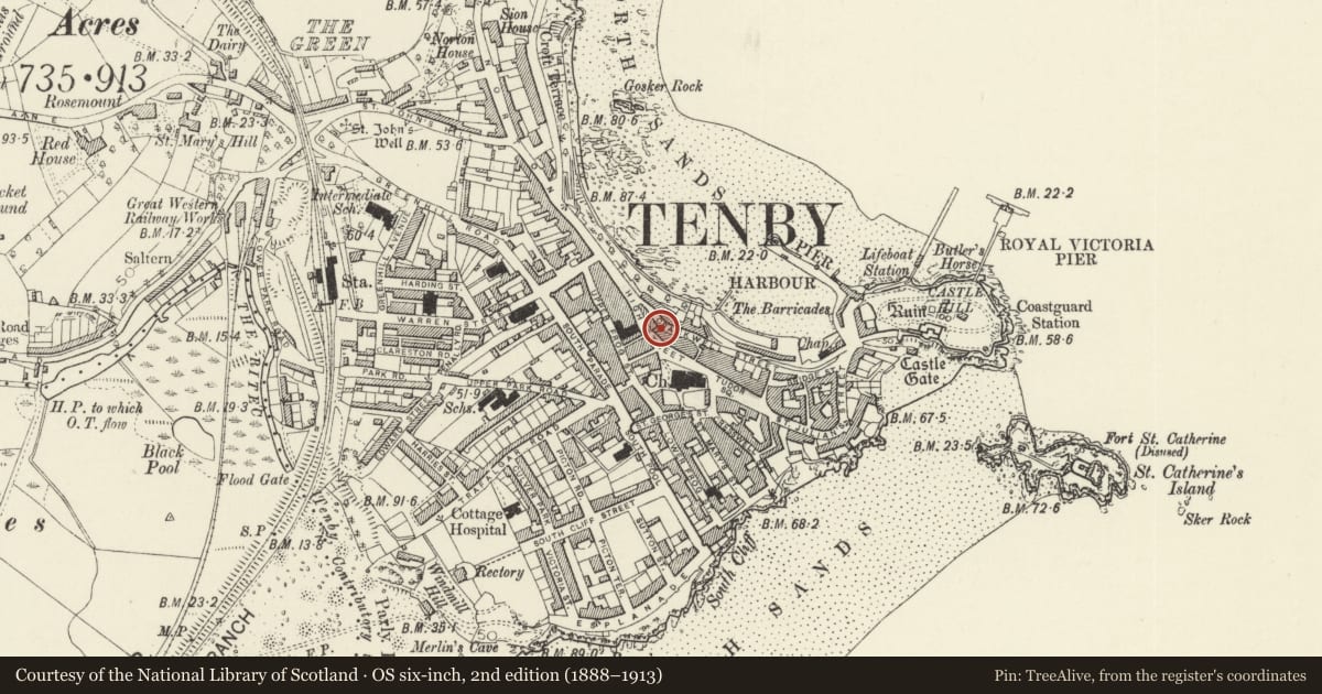 Ordnance Survey six-inch map, 2nd edition (1888–1913) covering the location of Craigs Dairy, Tenby, Pembrokeshire, with a pin at the register's coordinates