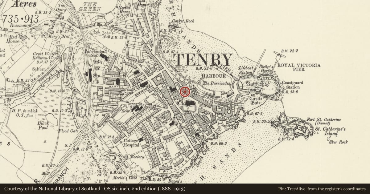 Ordnance Survey six-inch map, 2nd edition (1888–1913) covering the location of Milanese House, including Crackwell House to rear, Tenby, Pembrokeshire, with a pin at the register's coordinates