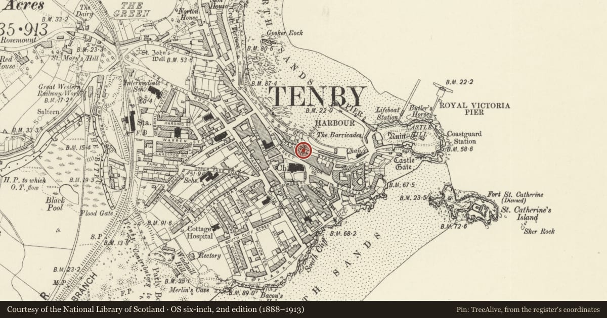 Ordnance Survey six-inch map, 2nd edition (1888–1913) covering the location of Bellevue Court, Tenby, Pembrokeshire, with a pin at the register's coordinates