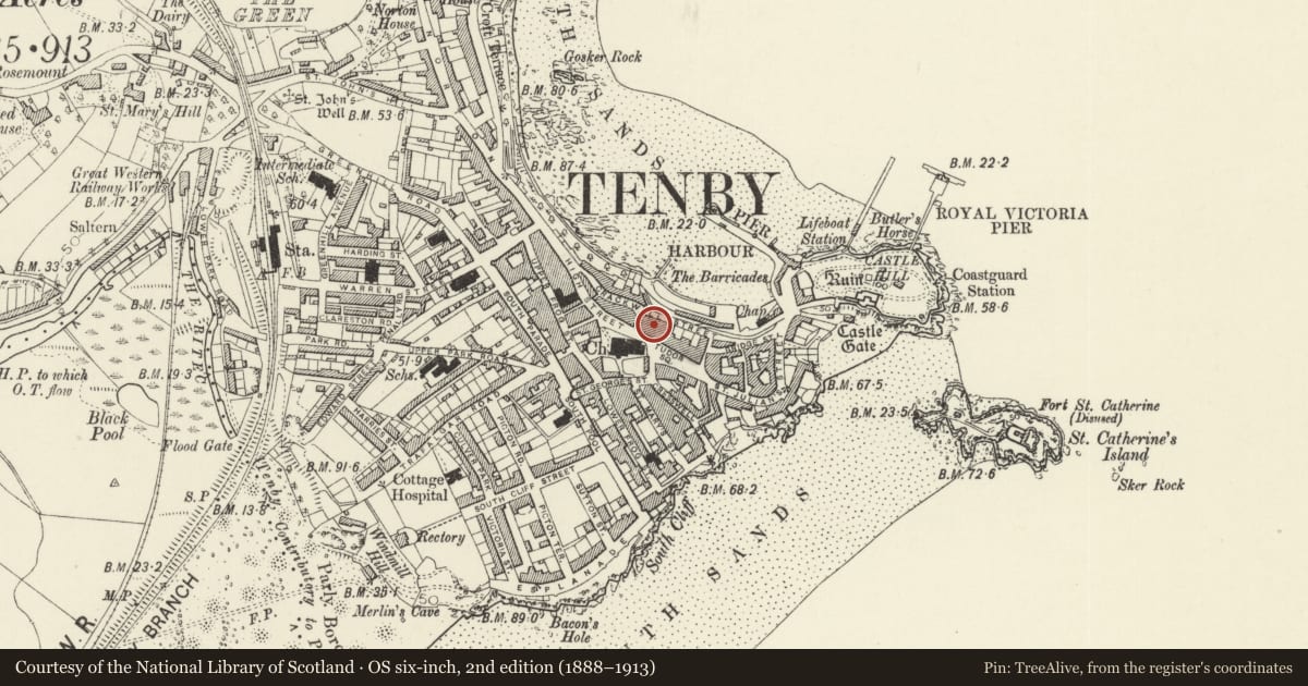 Ordnance Survey six-inch map, 2nd edition (1888–1913) covering the location of Northcliffe House (including former Liberal Club), Tenby, Pembrokeshire, with a pin at the register's coordinates