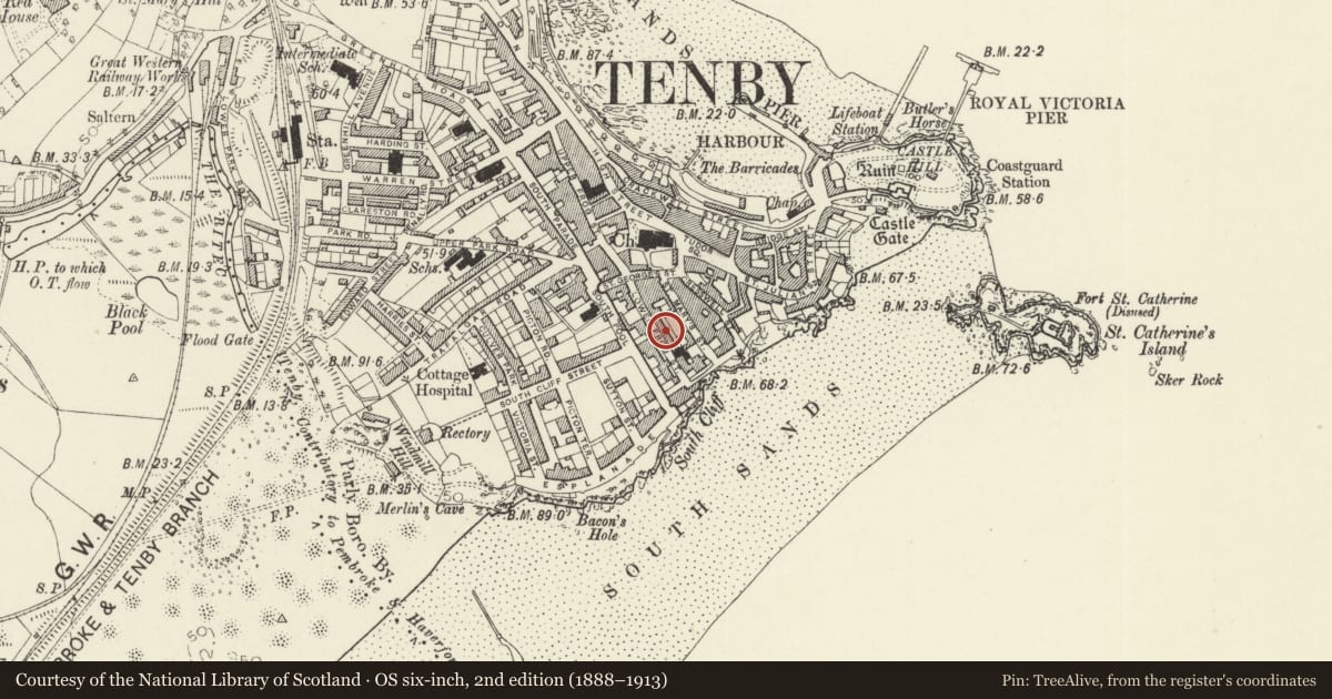 Ordnance Survey six-inch map, 2nd edition (1888–1913) covering the location of Stretton House, Tenby, Pembrokeshire, with a pin at the register's coordinates