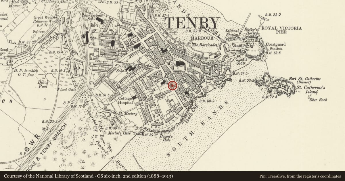 Ordnance Survey six-inch map, 2nd edition (1888–1913) covering the location of Tower Cottage, Tenby, Pembrokeshire, with a pin at the register's coordinates