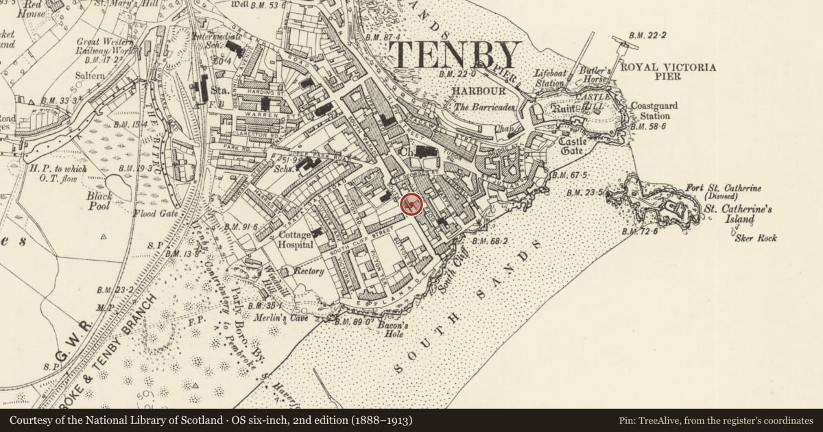 Ordnance Survey six-inch map, 2nd edition (1888–1913) covering the location of No 1 Alpha Cottages, Tenby, Pembrokeshire, with a pin at the register's coordinates