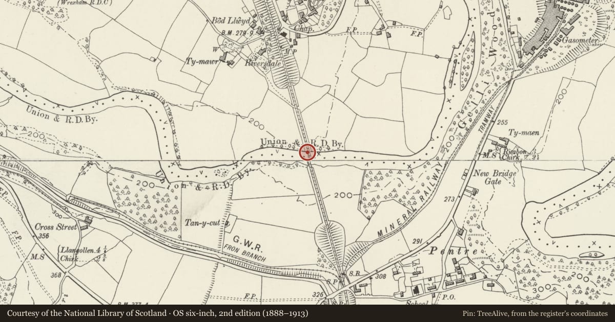 Ordnance Survey six-inch map, 2nd edition (1888–1913) covering the location of Cefn (Newbridge) Railway Viaduct (partly in Chirk Community), Wrexham, with a pin at the register's coordinates
