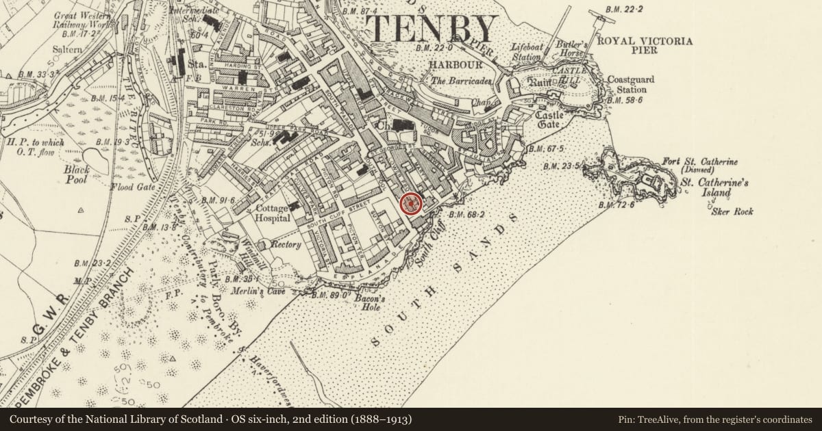 Ordnance Survey six-inch map, 2nd edition (1888–1913) covering the location of No 1 Frogmore Terrace, Tenby, Pembrokeshire, with a pin at the register's coordinates