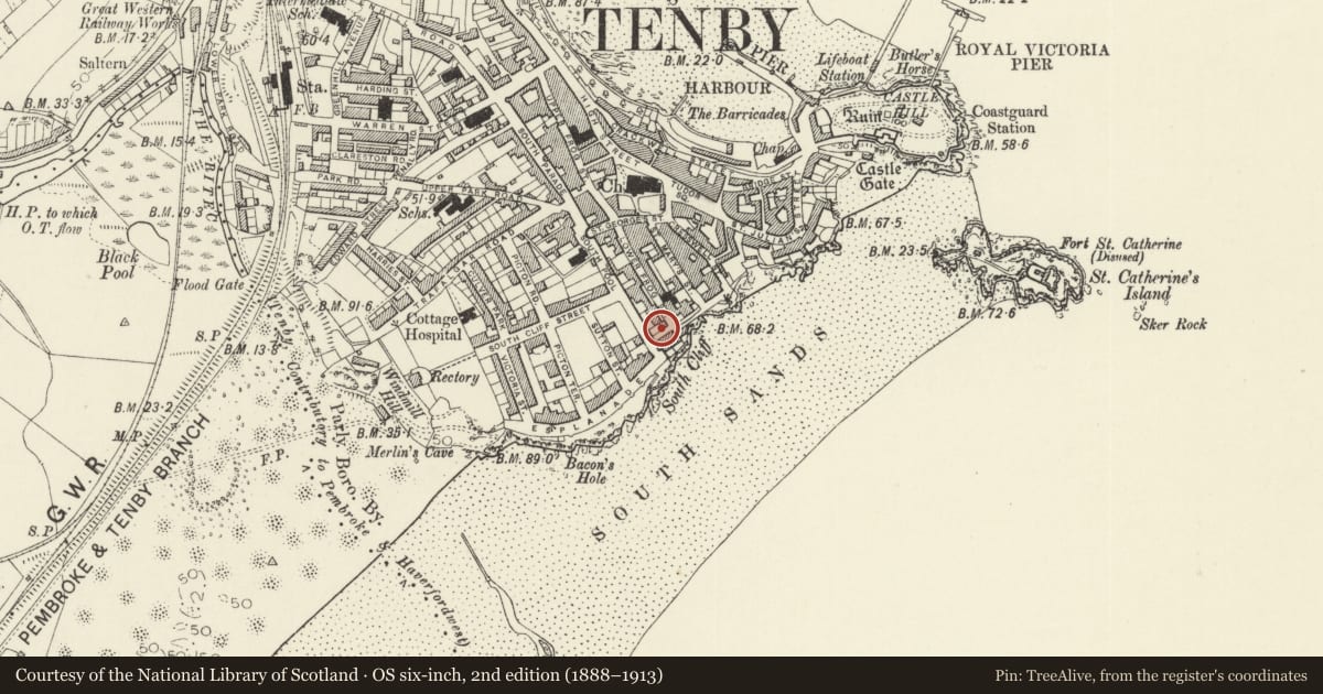 Ordnance Survey six-inch map, 2nd edition (1888–1913) covering the location of Garden wall to Quaintways, Tenby, Pembrokeshire, with a pin at the register's coordinates