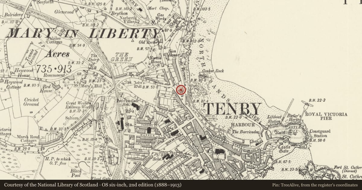 Ordnance Survey six-inch map, 2nd edition (1888–1913) covering the location of Glendower Houses, Tenby, Pembrokeshire, with a pin at the register's coordinates