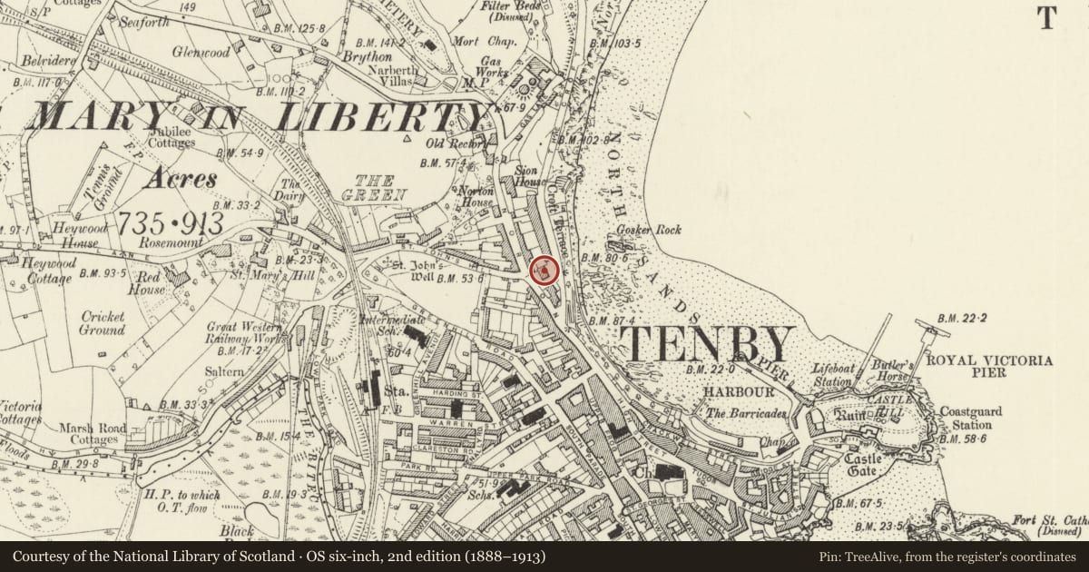 Ordnance Survey six-inch map, 2nd edition (1888–1913) covering the location of Croft House, Tenby, Pembrokeshire, with a pin at the register's coordinates