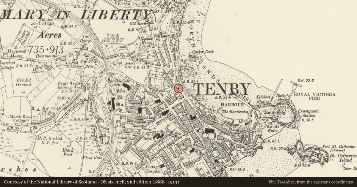 Ordnance Survey six-inch map, 2nd edition (1888–1913) covering the location of 6 The Norton, Tenby, Pembrokeshire, with a pin at the register's coordinates