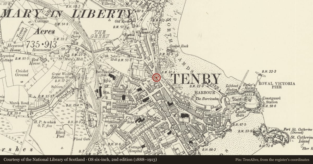 Ordnance Survey six-inch map, 2nd edition (1888–1913) covering the location of 7 The Norton, Tenby, Pembrokeshire, with a pin at the register's coordinates