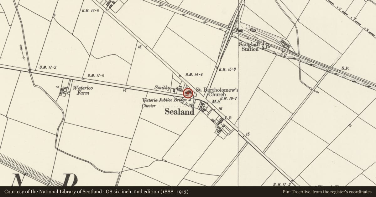 Ordnance Survey six-inch map, 2nd edition (1888–1913) covering the location of Church of St Bartholomew, Sealand, Flintshire, with a pin at the register's coordinates