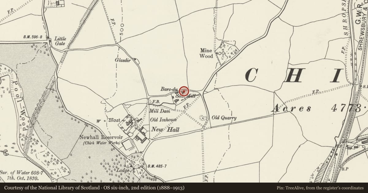Ordnance Survey six-inch map, 2nd edition (1888–1913) covering the location of Barc-du, also known as Sawmill Cottage, Chirk, Wrexham, with a pin at the register's coordinates