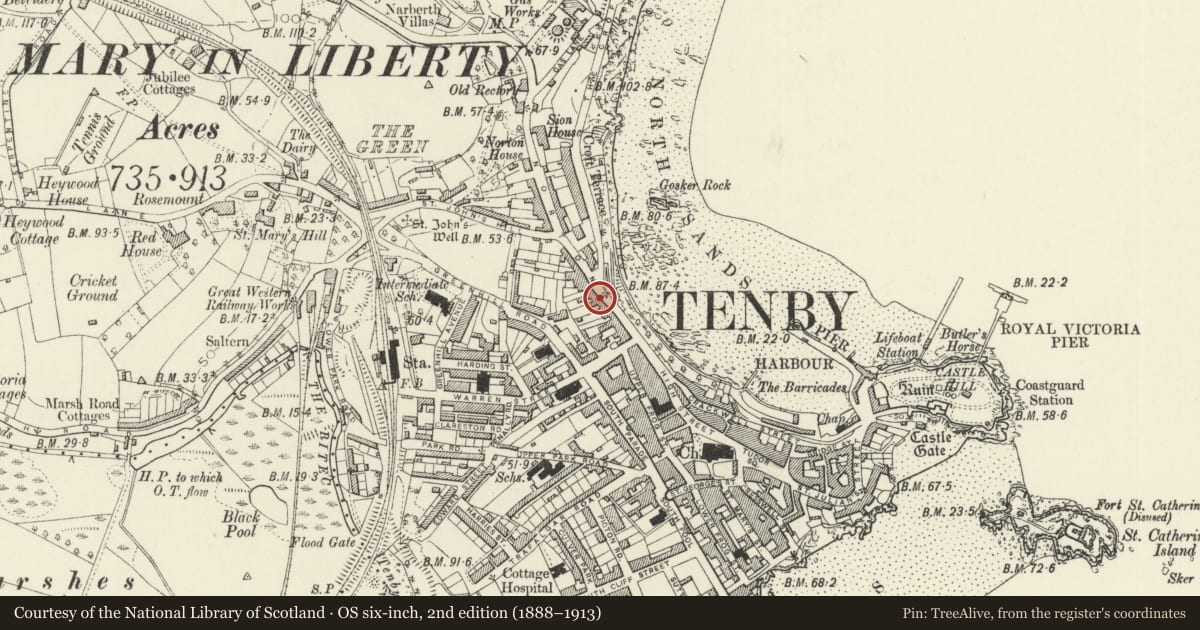 Ordnance Survey six-inch map, 2nd edition (1888–1913) covering the location of Sea View, Tenby, Pembrokeshire, with a pin at the register's coordinates