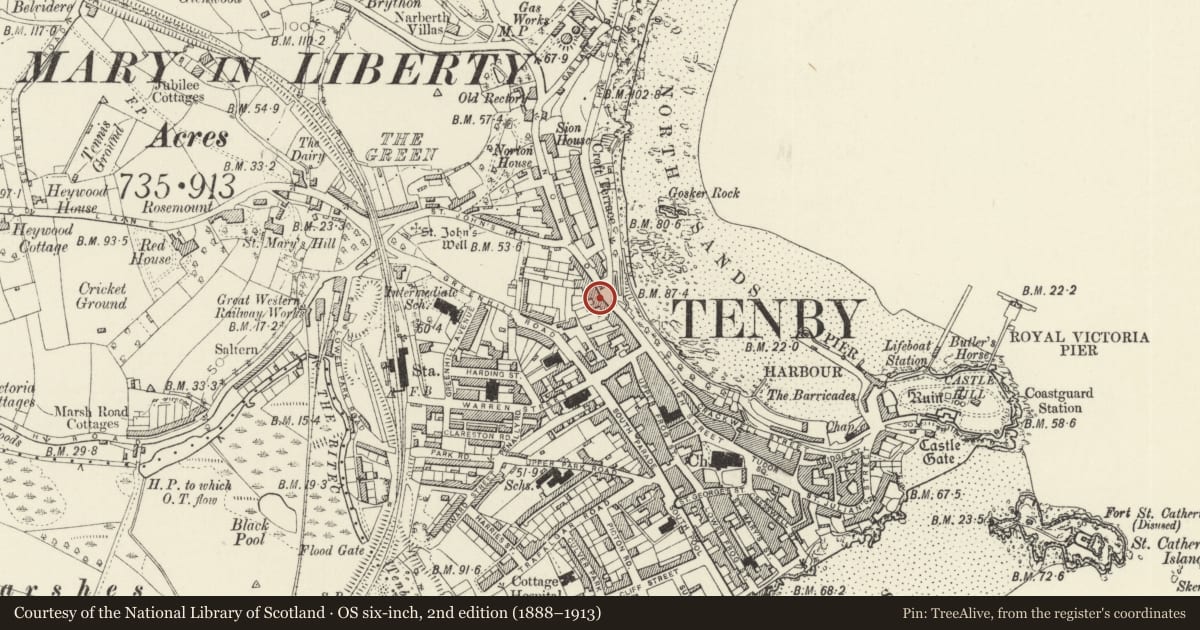 Ordnance Survey six-inch map, 2nd edition (1888–1913) covering the location of The Cliffe-Norton Hotel, Tenby, Pembrokeshire, with a pin at the register's coordinates