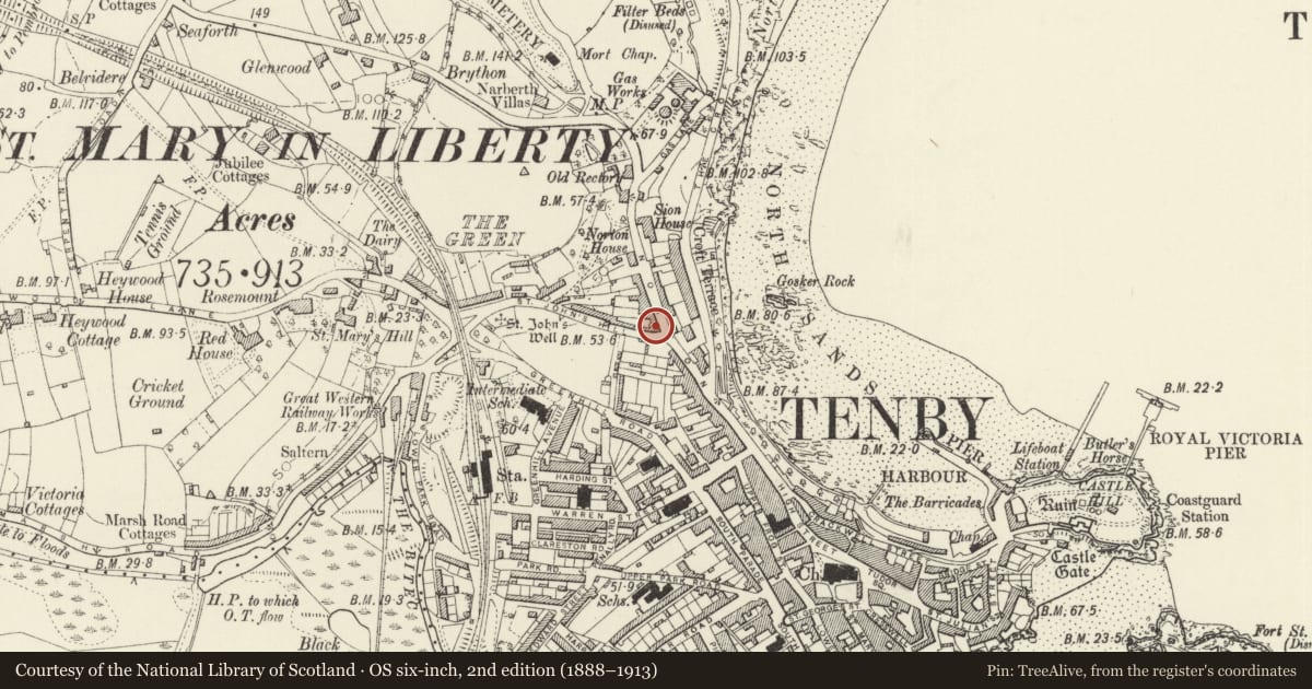Ordnance Survey six-inch map, 2nd edition (1888–1913) covering the location of The Albany Hotel, Tenby, Pembrokeshire, with a pin at the register's coordinates