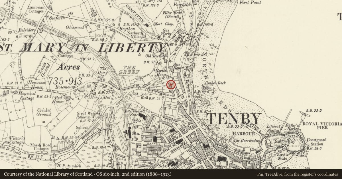 Ordnance Survey six-inch map, 2nd edition (1888–1913) covering the location of Hatherley, Tenby, Pembrokeshire, with a pin at the register's coordinates