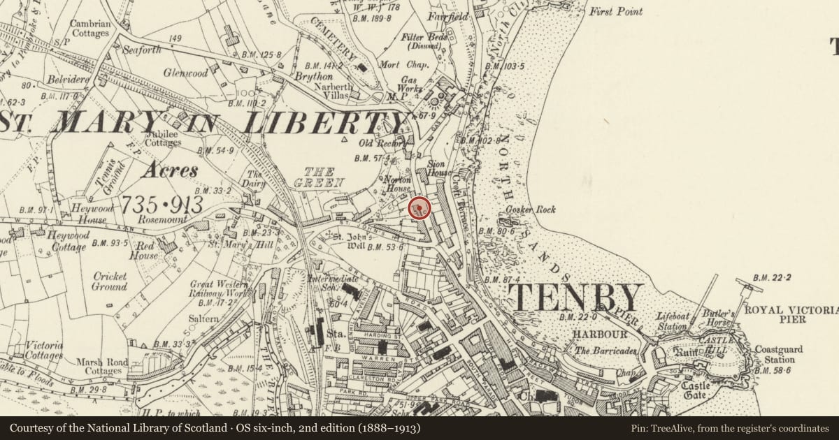 Ordnance Survey six-inch map, 2nd edition (1888–1913) covering the location of 31 The Norton, Tenby, Pembrokeshire, with a pin at the register's coordinates