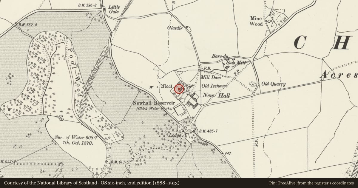 Ordnance Survey six-inch map, 2nd edition (1888–1913) covering the location of New Hall, Chirk, Wrexham, with a pin at the register's coordinates