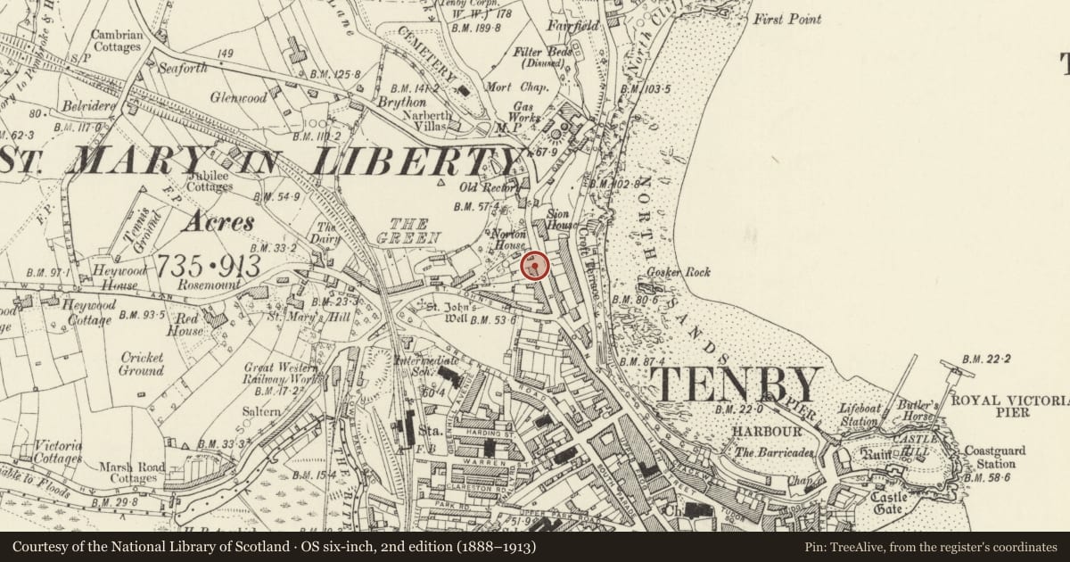 Ordnance Survey six-inch map, 2nd edition (1888–1913) covering the location of Norton Lodge, Tenby, Pembrokeshire, with a pin at the register's coordinates