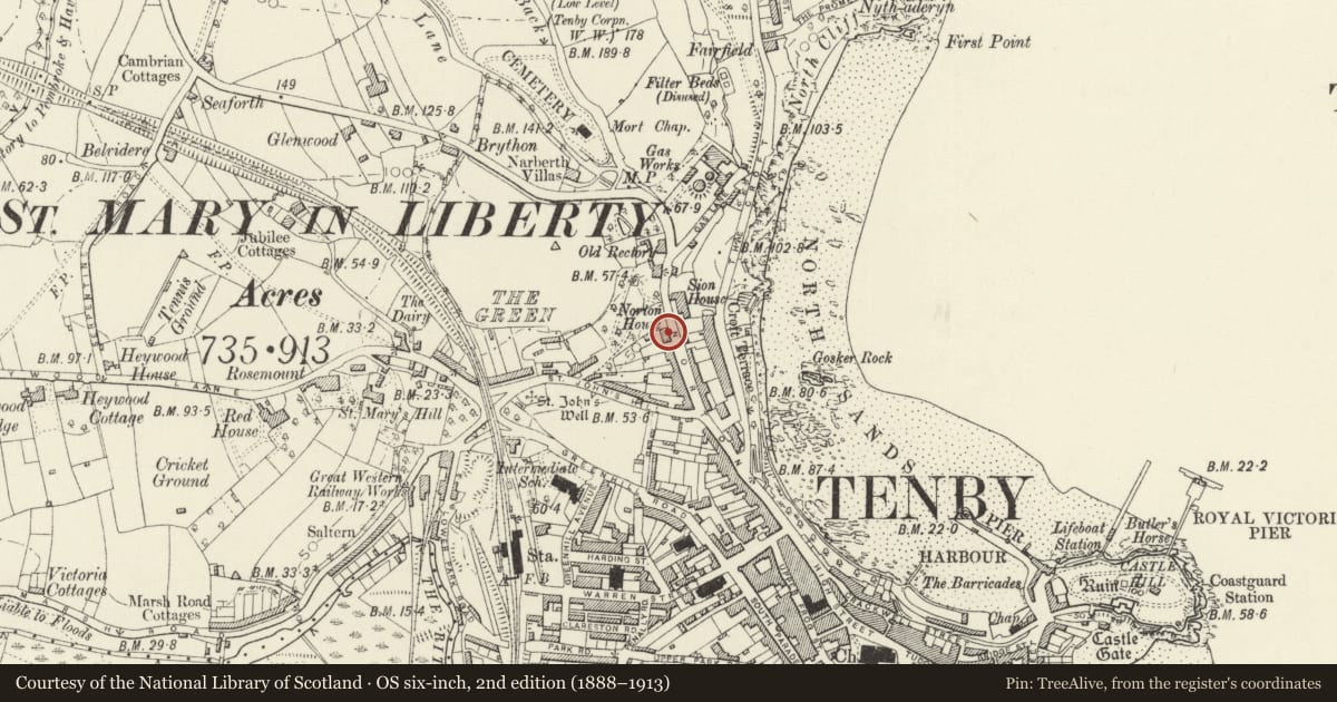 Ordnance Survey six-inch map, 2nd edition (1888–1913) covering the location of Norton House, including garden wall to street, Tenby, Pembrokeshire, with a pin at the register's coordinates