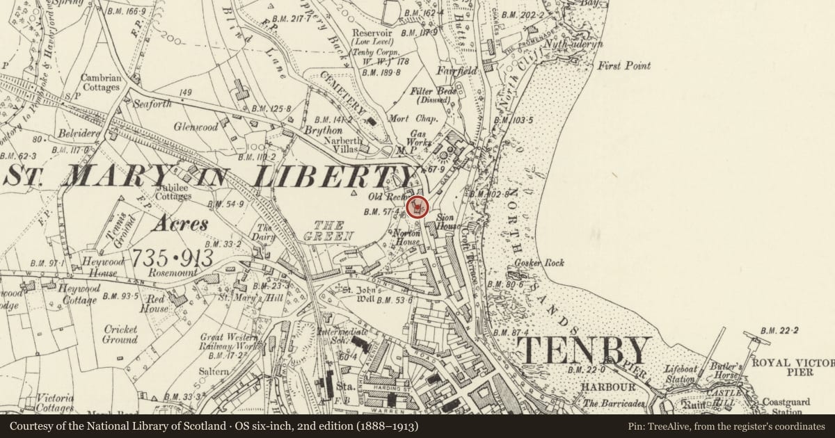 Ordnance Survey six-inch map, 2nd edition (1888–1913) covering the location of Bell-Tree House, Tenby, Pembrokeshire, with a pin at the register's coordinates
